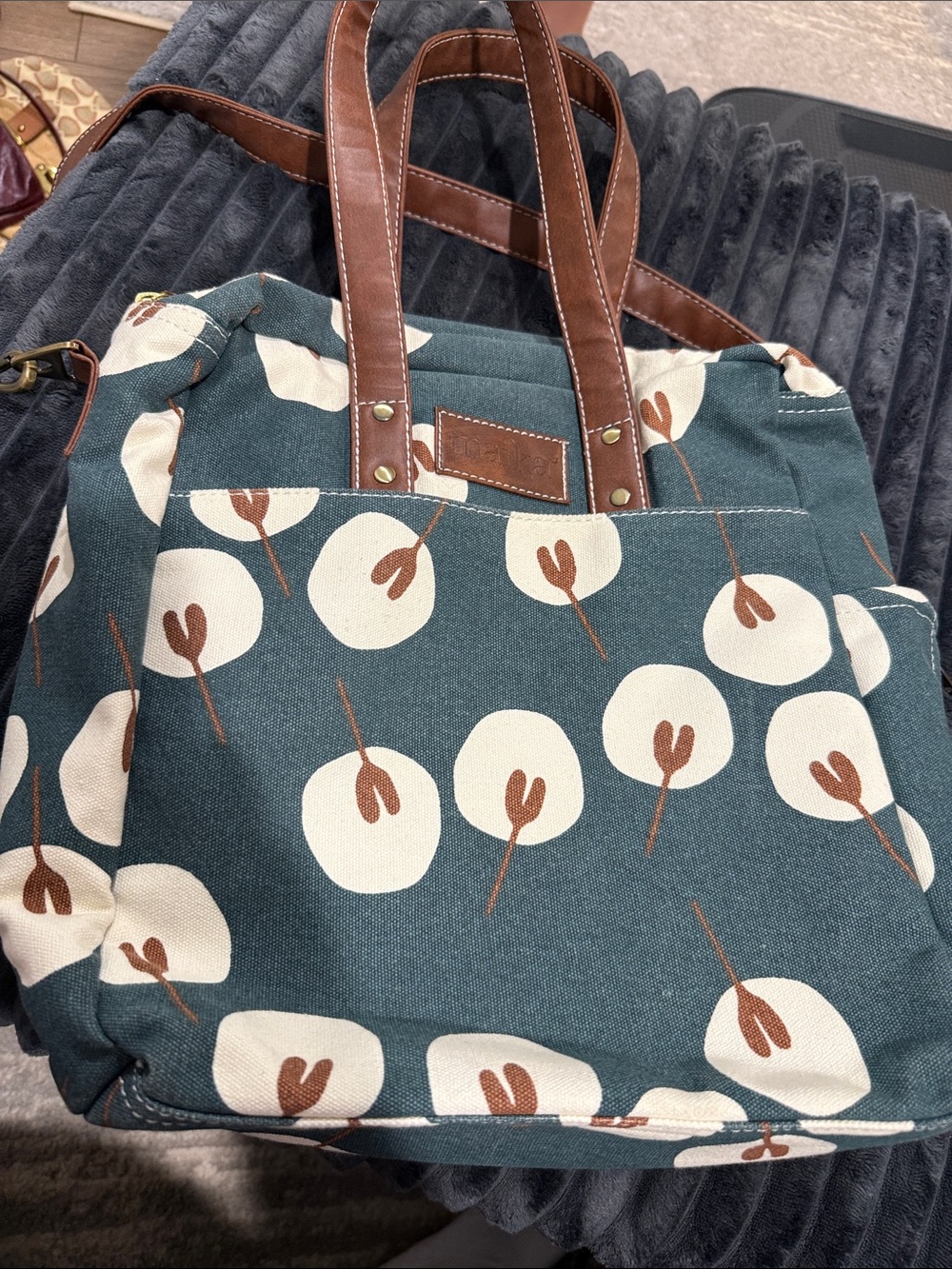 Maika Canvas Commuter Tote Bag in Teal with Cream Floral Print